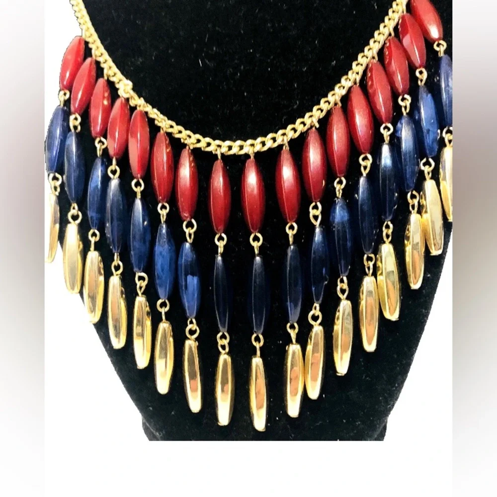 Fringe Bib Necklace in Burgundy, Navy and Gold Egyptian Revival Stule